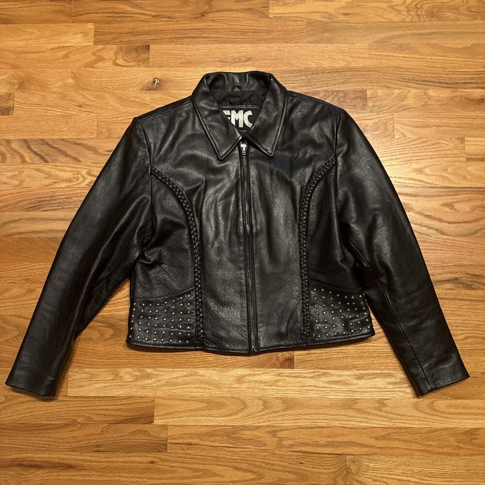 FMC Women's Black Studded Leather Stitched Biker Jacket Size XL Bikercore